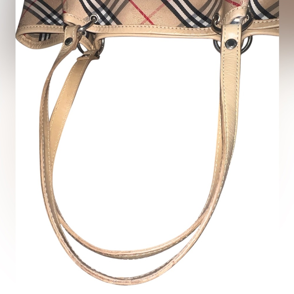 Burberry Nova Check Canvas Leather Tote Tan Black Red Traditional Plaid Pleated - Picture 7 of 16